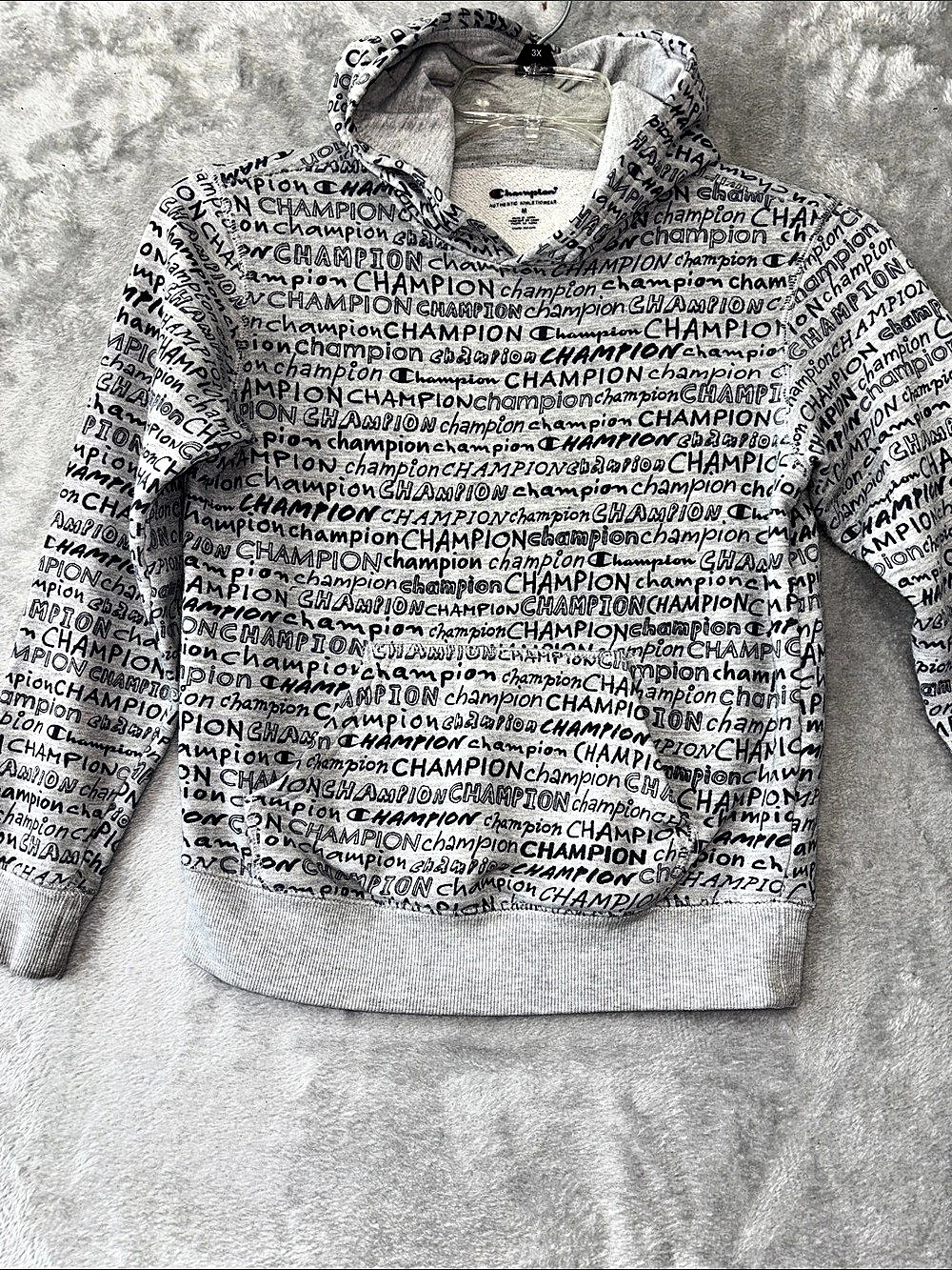 Champion All-Over Script Logo Pullover Hoodie Gray & Black Medium